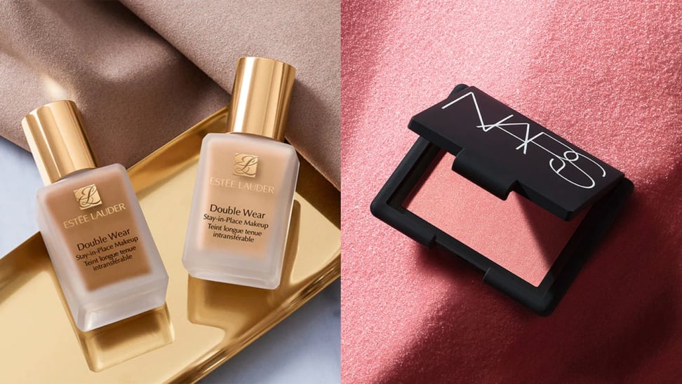 On left, two bottles of Estée Lauder foundation in different shades sitting on gold plate. On right, pink blush from Nars in front of pink background.