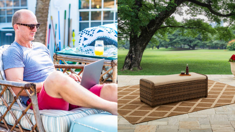 On right, man wearing sunglasses reclines in patio chair outside while working on laptop. On right, tan rectangular ottoman on top of tan and cream rug.