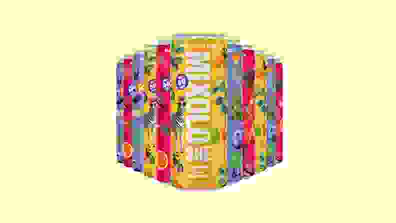 Several Mixoloshe cans on a yellow background