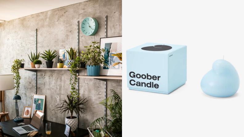 On left, home office with plants. On right, pastel blue candle.