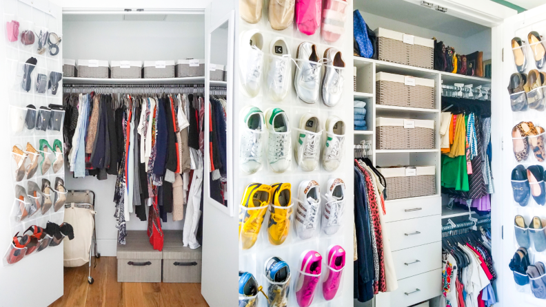 The back of a closet door used to hold shoes and other items.