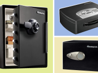 Product shots of the SentrySafe SFW205CWB Fireproof Waterproof Safe, Portable Safe Box and Safe Home Safe.
