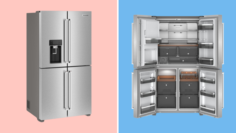 Split image of the exterior of the KitchenAid Counter-Depth French-door Platinum Interior Refrigerator in gray with its door closed and the same unit with its doors open, revealing shelves and compartments.