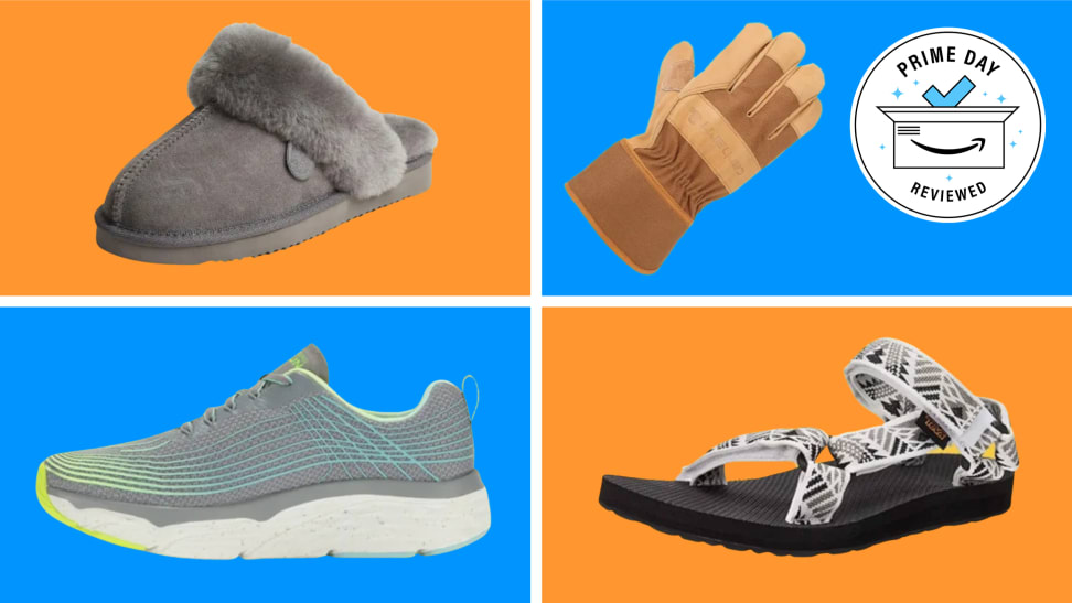 Against a blue and orange background are collaged: A Dearfoams slipper, a Carhartt glove, a Sketchers sneaker, and a Teva sandal.