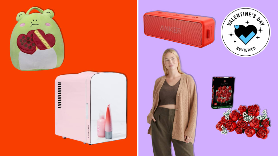A selection of our Valentine's Day gifts for women, including a Valentine's Day Squishmallow, Chefman beauty fridge, Anker soundbar, Quince cardigan, and Lego roses on holiday background.