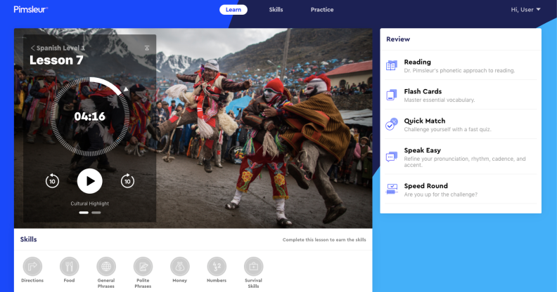 Pimsleur课程的屏幕截图