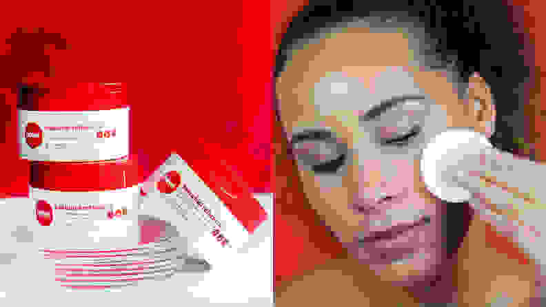 On the left: A stack of red and white jars containing exfoliating pads. On the right: A closeup on a person's face as they hold a cotton round to their cheek.