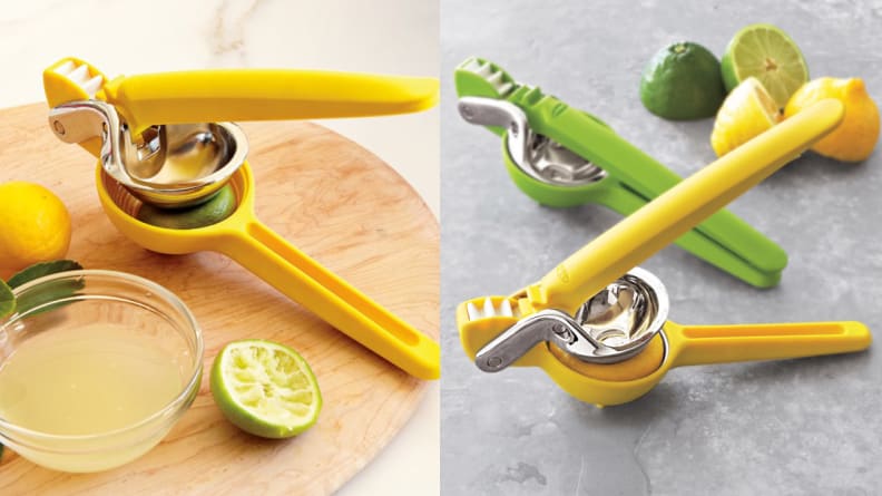 Two photos show the Chef'n citrus juicer in action: squeeze the two handles closer together, and you get lemon (or lime) juice pouring out.