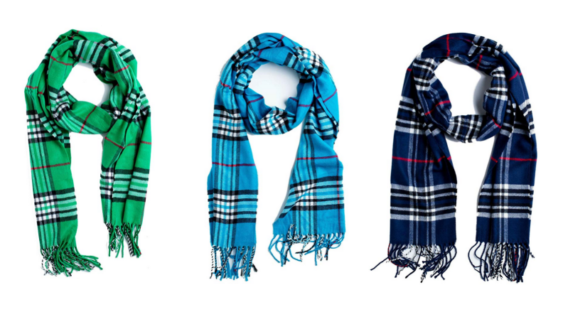 Image of three scarves: a green plaid scarf, a light blue scarf, and a dark blue scarf.