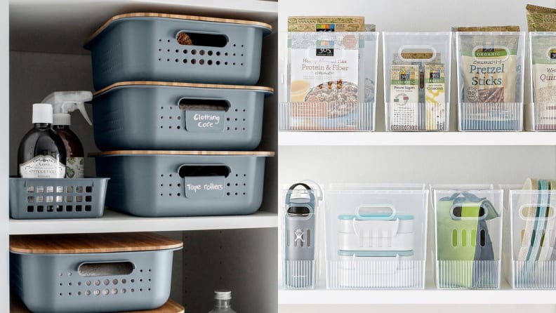 On left, gray plastic storage containers. On right, clear plastic storage containers filled with food.