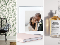 (left) An entryway with wallpaper. (center) a wedding photo album. (right) a bottle of perfume.