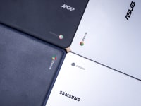 Four chromebooks pictured from above