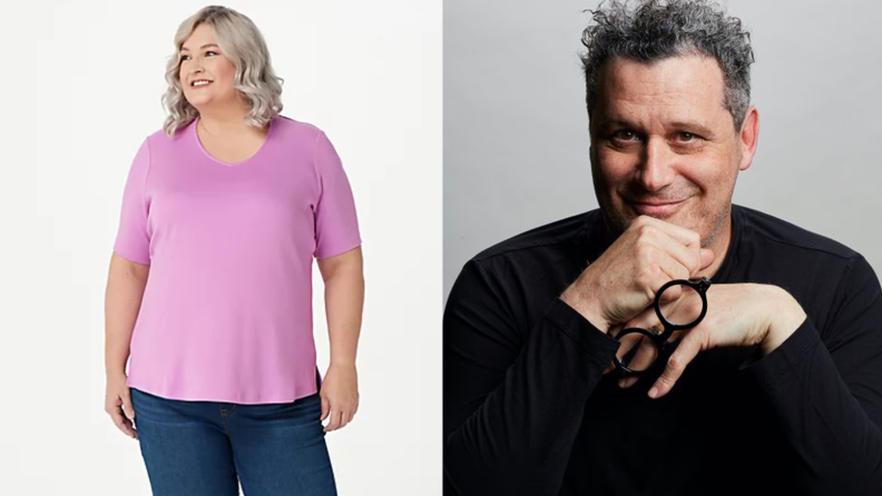 Left: woman wearing pink shirt, Right: Isaac Mizrahi on grey background