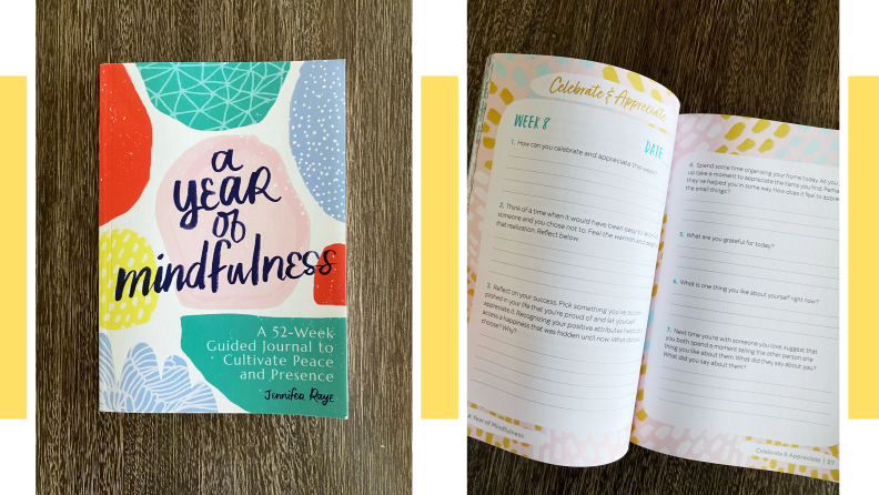 Photos of the cover and blank inside pages of A Year of Mindfulness: A 52-Week Guided Journal to Cultivate Peace and Presence.