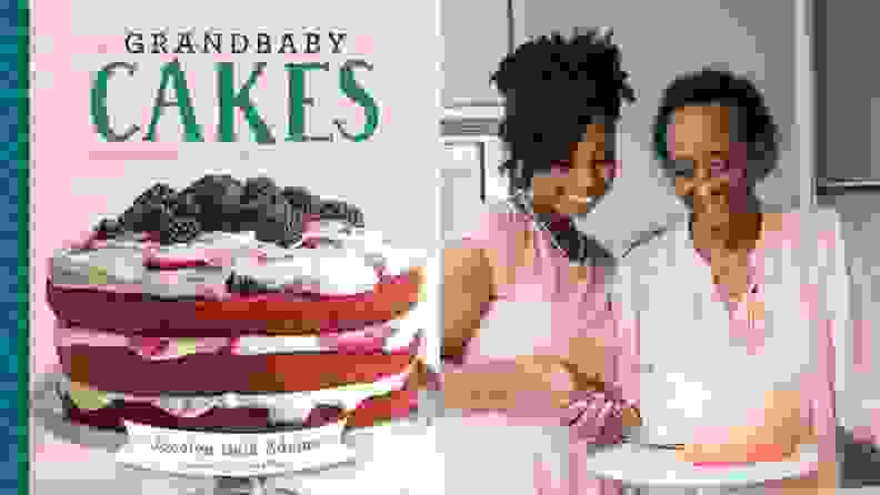 On left, Grandbaby Cakes Cookbook. On right, Jocelyn Delk Adams and her grandmother cutting a cake.