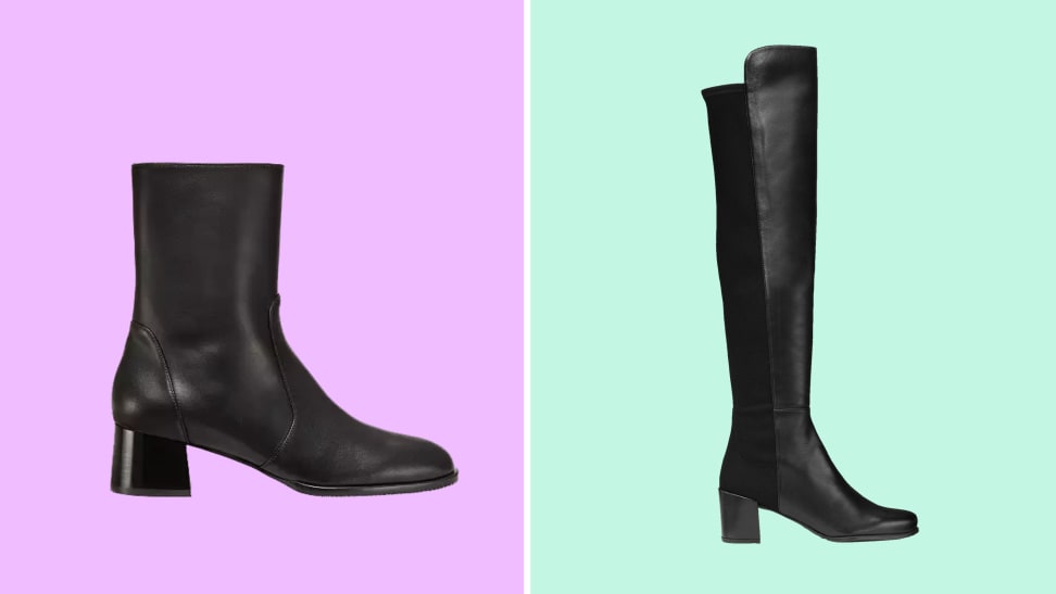 A colorful collage with black boots from Stuart Weitzman