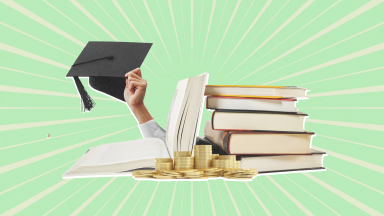 An artistic rendering of textbooks with a hand coming out of one holding a graduation cap and with some coins in the front.
