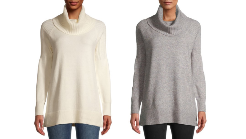 Two images of the same cowl neck sweater in cream and gray.