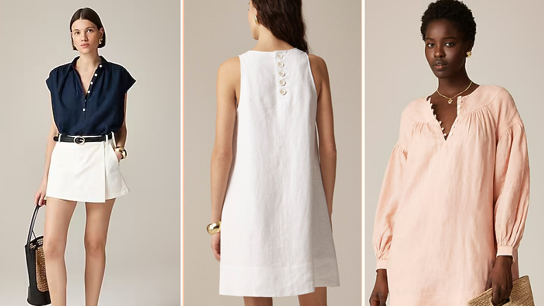 Collage of three plus-size options: A pink midi skirt, a navy rollneck sweater, and a cream off-the-shoulder floor-length sweater dress.