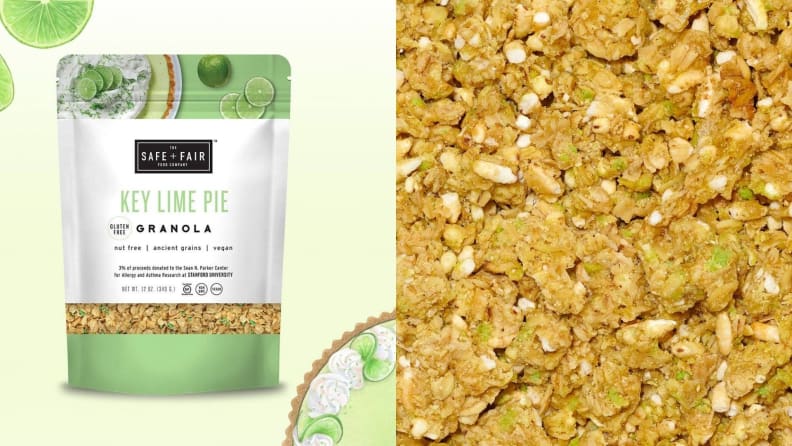 Left: A bag of Key Lime Pie Granola against a white background accompanied by limes and a key lime pie. Right: Close-up photo of granola.