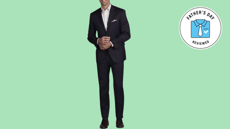 navy blue tailored suit on lime green background