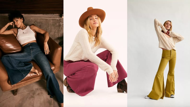 Models wearing denim, maroon, and yellow versions of the Just Float On Flare Jeans.