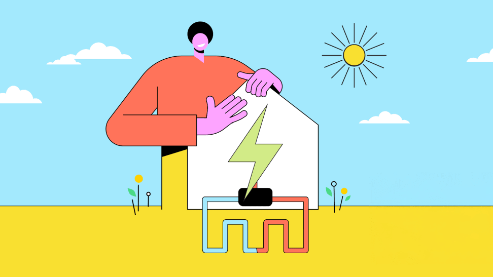 Colorful cartoon graphic of large person leaning on home outdoors.