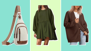 Side-by-side images of the CLUCI Sling Bag, the midsection of a model wearing an Ugerlov oversized sweatshirt dress in olive green, and the midsection of a model wearing a dark brown Lillusory cardigan sweater.
