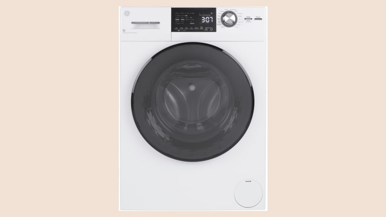 A GE Washer Dryer Combo on a beige background.