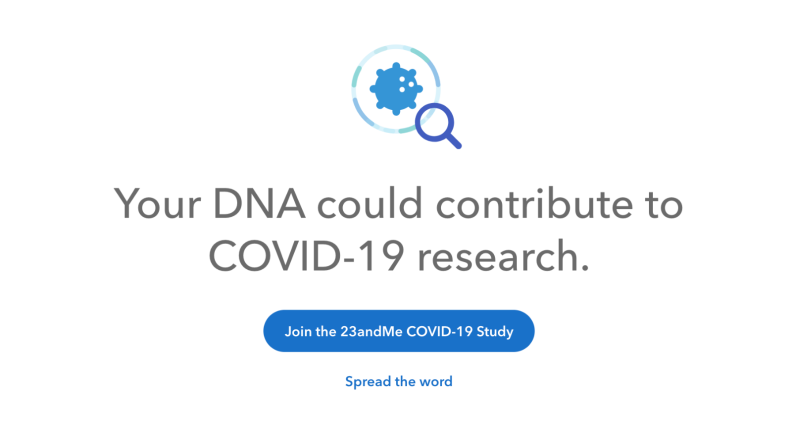 An image of a banner from the 23andMe website that discusses their COVID-19 research
