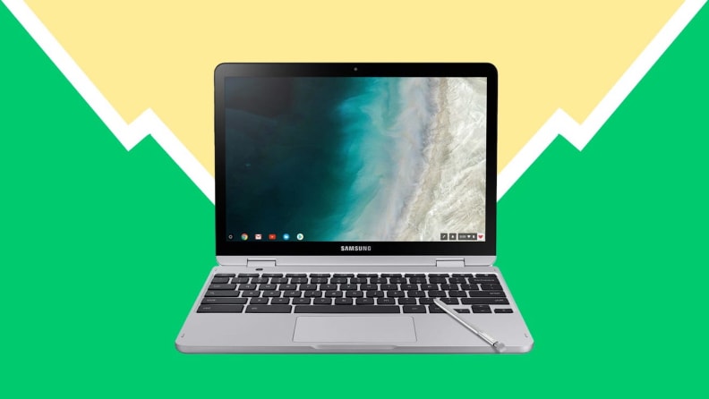 Image of laptop against green/yellow background