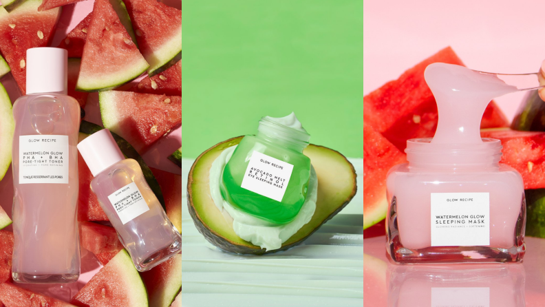 Close ups of the fruit-inspired watermelon glow toner, avocado eye sleeping mask, and the watermelon glow sleeping mask from Glow Recipe.