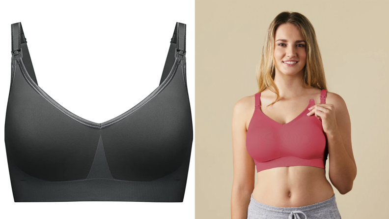 Left: A charcoal-colored nursing bra is shown against a white backdrop. Right: A blond model sports a pink version of the nursing bra.