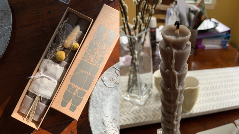 On right, Anthropologie Constance Taper candle in box packaging. On right, half-melted tiered gray candle.