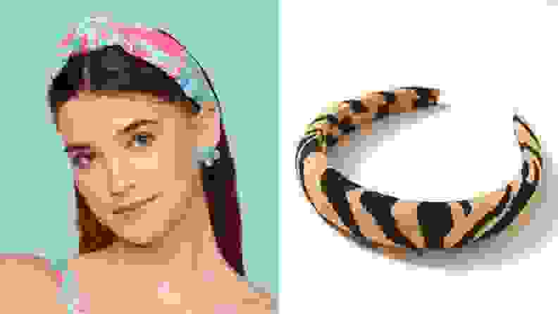 On the left: A person smiling at the camera while wearing a pink, blue, and green headband in their long, brown hair. On the right: An animal print headband laying on a white background.