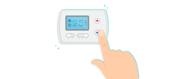 Graphic of a thermostat with a hand pushing a button.