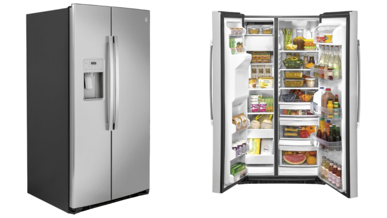 Two images of a two door refrigerator with one showing contents inside.