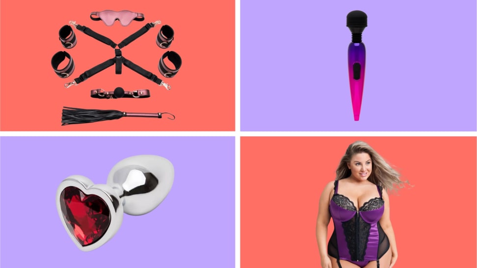 A collage of sex toys in front of colored backgrounds