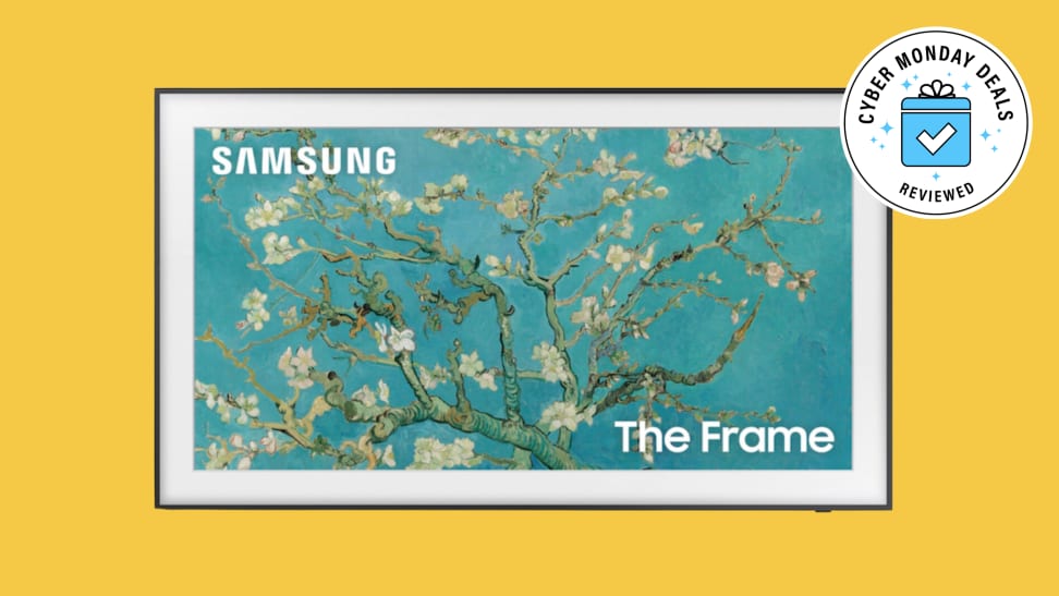 A Samsung TV on a yellow background.