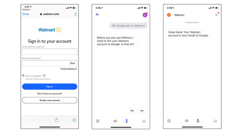 Three screenshots that show how to log into your Walmart account with Google Assistant