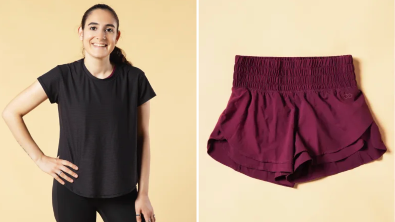 Portrait of a woman wearing clothes from Calia and a photo of red Calia shorts.