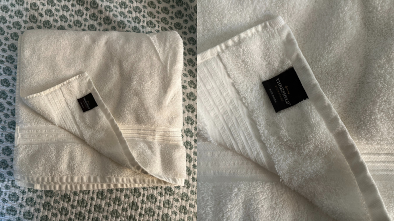 On the left, a white towel folded on top of a quilt. On the right, a close-up of the towel.