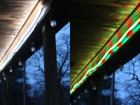 Two images side by side of a white light strip and a red and green light strip against a sky at dusk