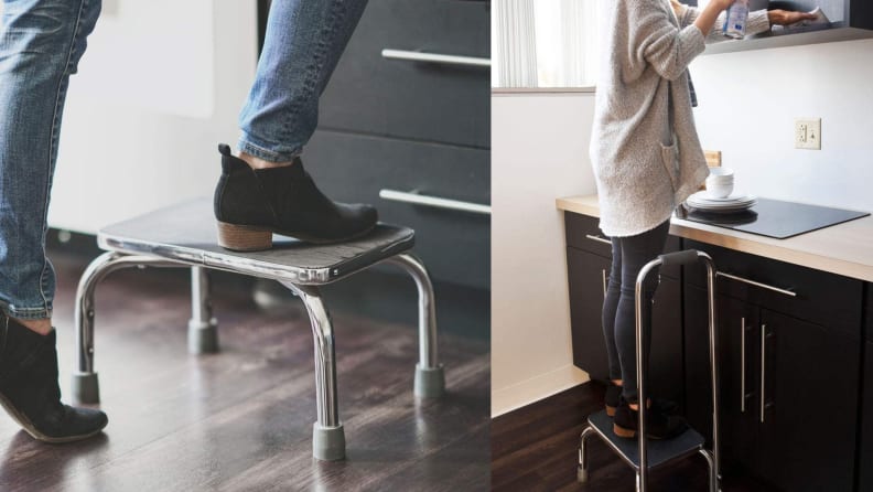 Two images of people using step ladders in kitchens.