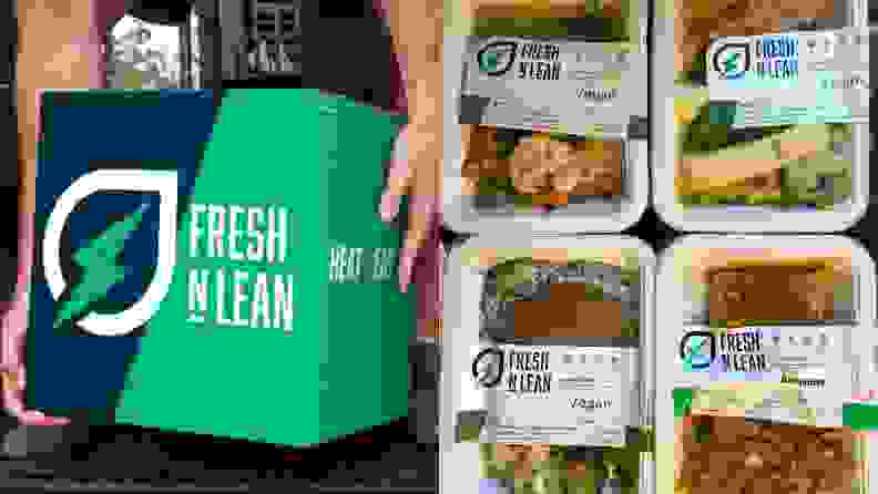 On left, Fresh N Lean box being picked up. On right, four vacuum-sealed fresh meals.