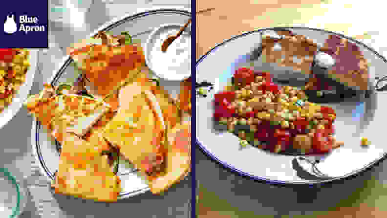 Left: A professional photo of a quesadilla accompanied by sour cream on a white plate. Right: A photo taken in someone's home of quesadilla wedges served with corn salad on a white plate.