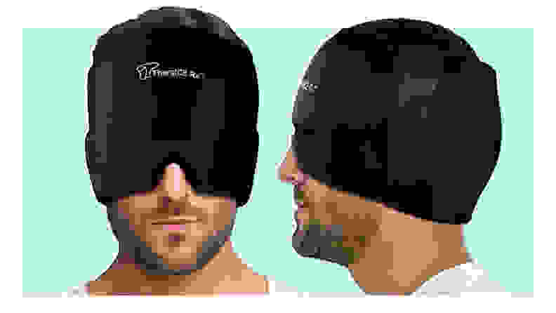 Front and side profile of person wearing the black TheraIce RX Migraine Relief Cap on head and over eyes.