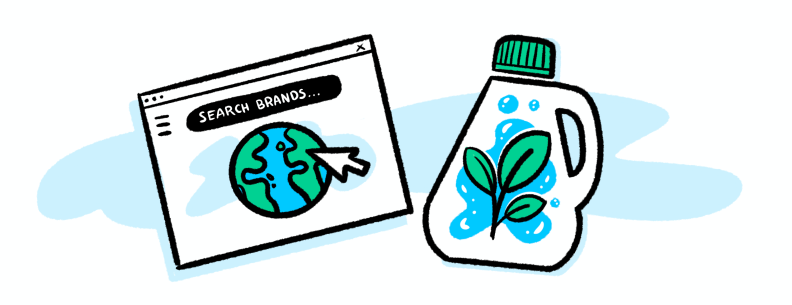 Cartoon illustration of a web browser next to eco-friendly laundry detergent.