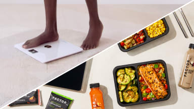 A split image shows a person stepping on a smart scale on one side and several Factor meal trays and drinks arranged on a countertop on the other.