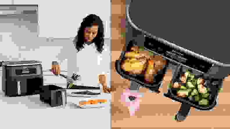 woman cooking in kitchen next to an open air fryer with fried food